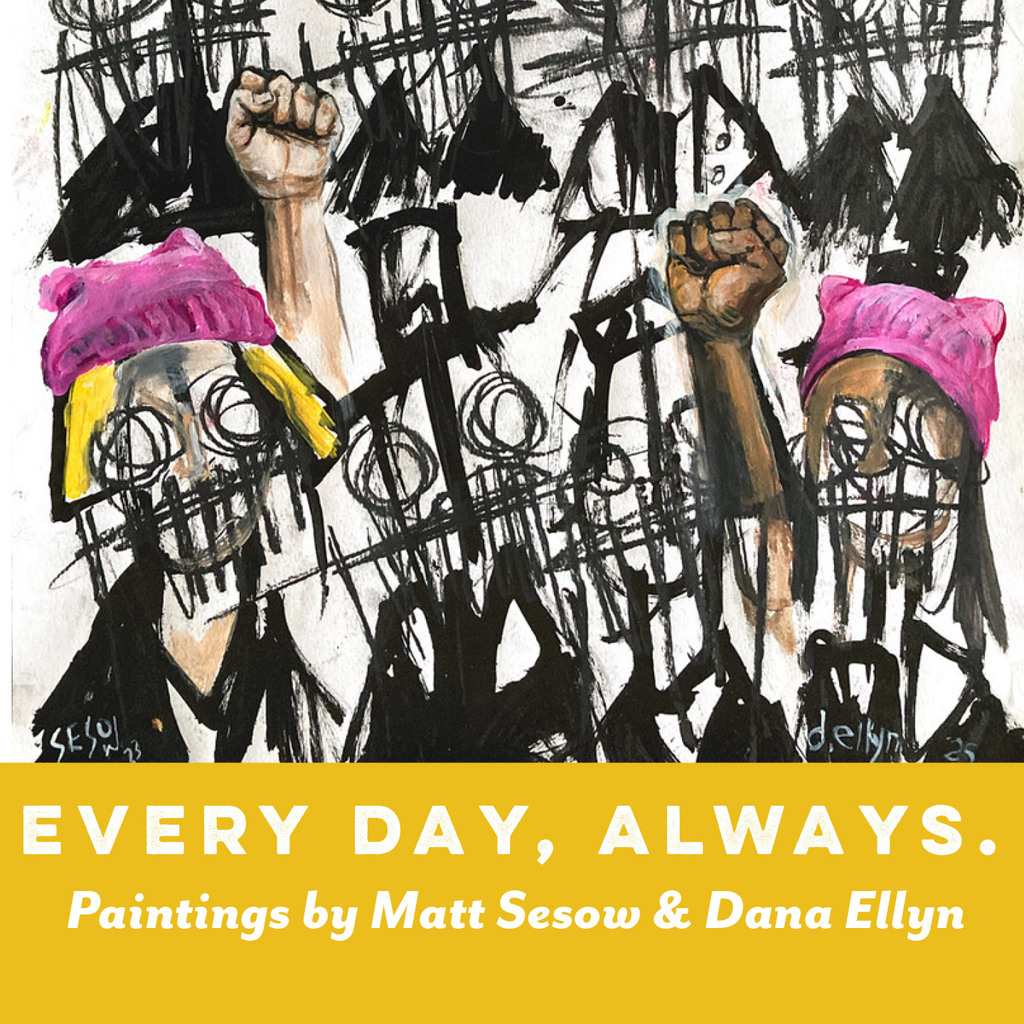 Dana Ellyn with 19 Karen Gallery owner, Terri Lew. Paintings of Matt Sesow by Dana Ellyn hanging at exhibit.